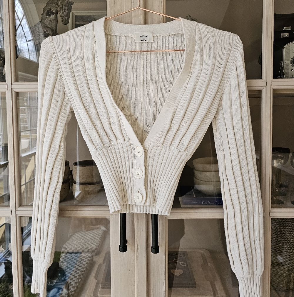 Aritzia Plunge Front Merino Wool Cardigan |  Wilfred V Neck Oak Ribbed Button - Picture 3 of 11